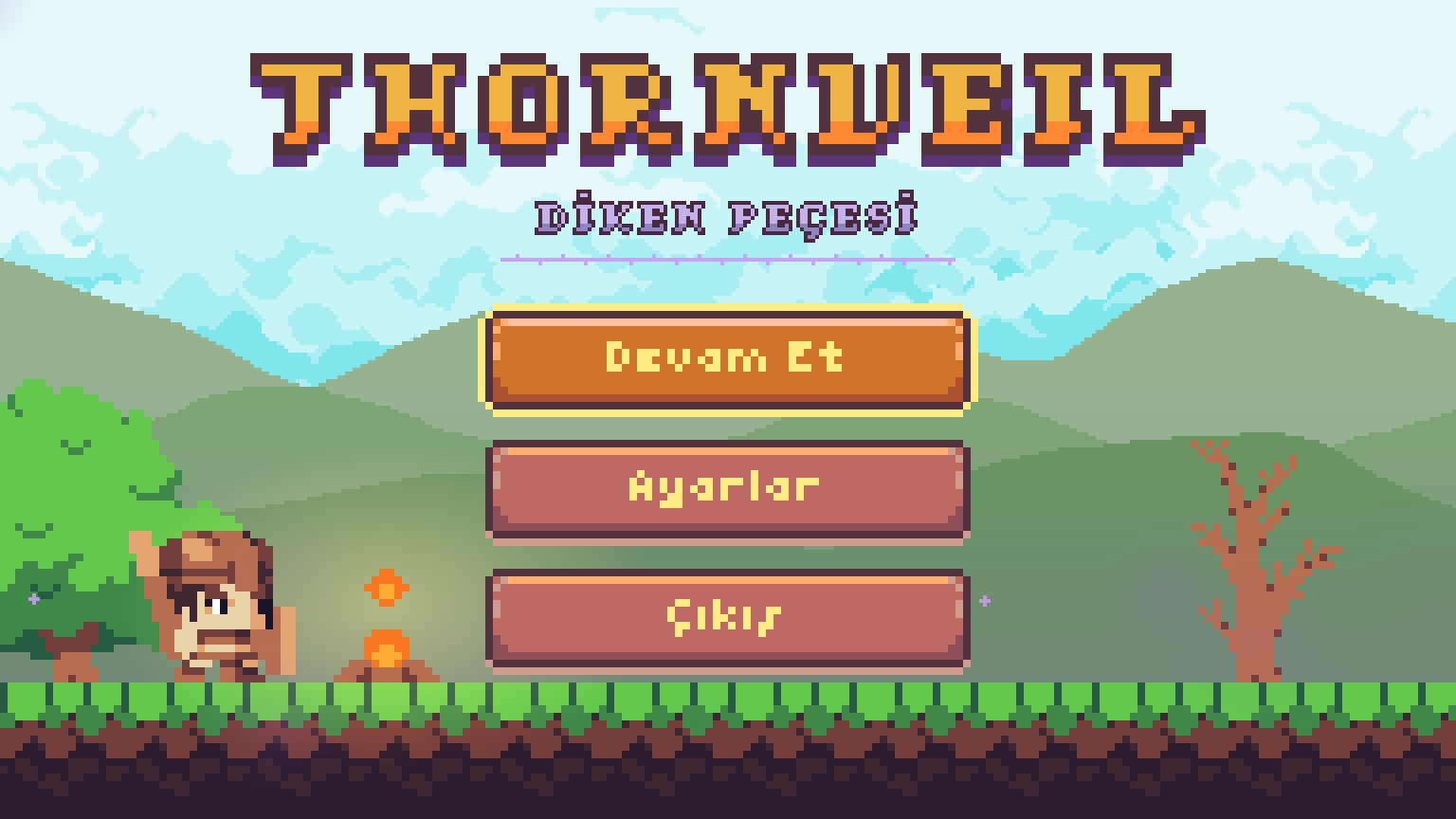Thornveil title screen: gold-lettered logo, the knight by the campfire, and the menu