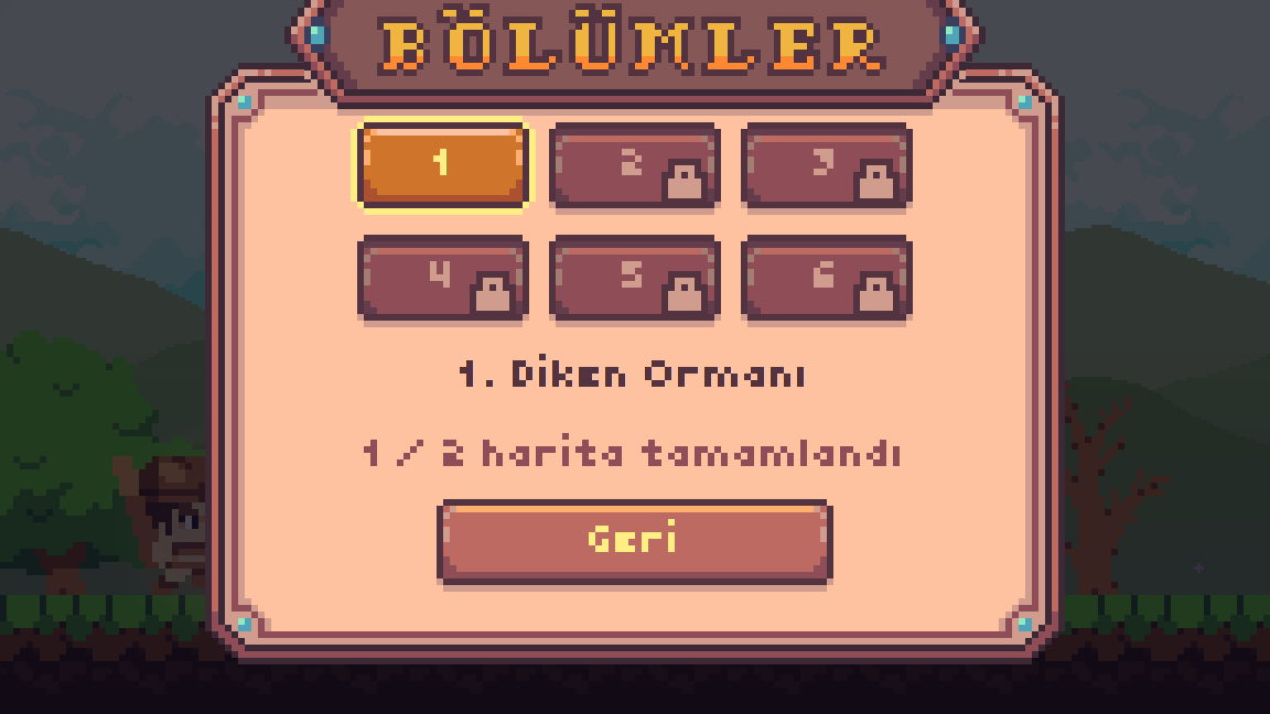 Chapter selection screen: six numbered biome buttons, the first unlocked, the rest locked