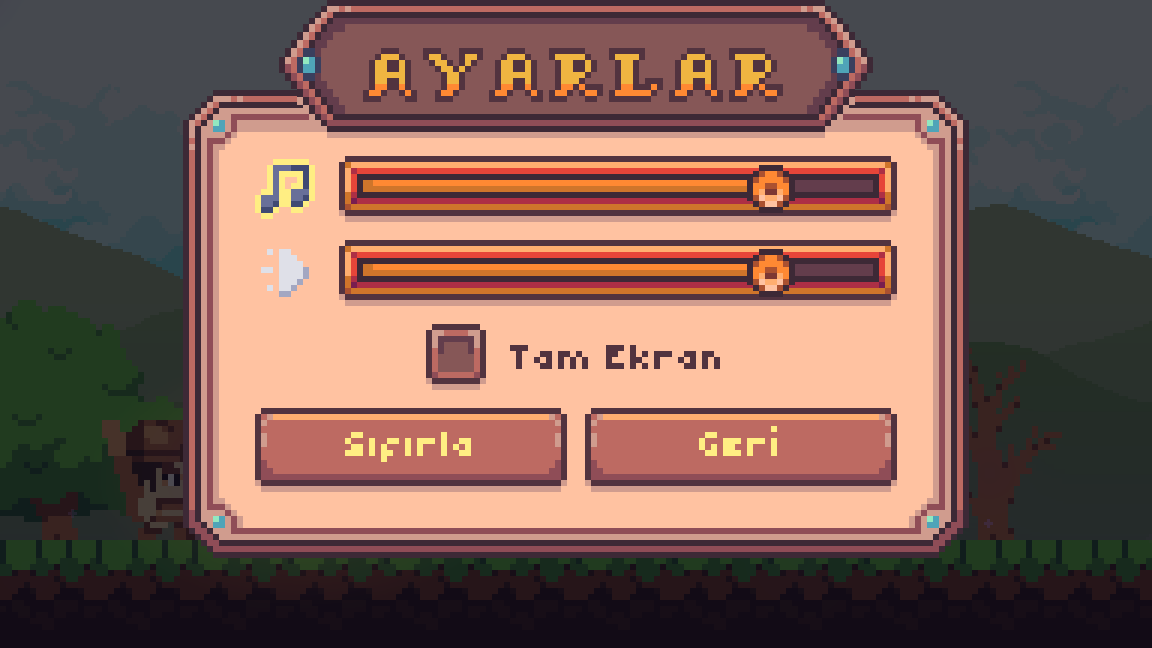 Settings panel: music and sound effect volume sliders, fullscreen, and the Reset button