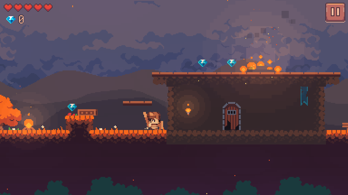 Arin running down a street in the burning village, a house with its roof on fire, and sparks