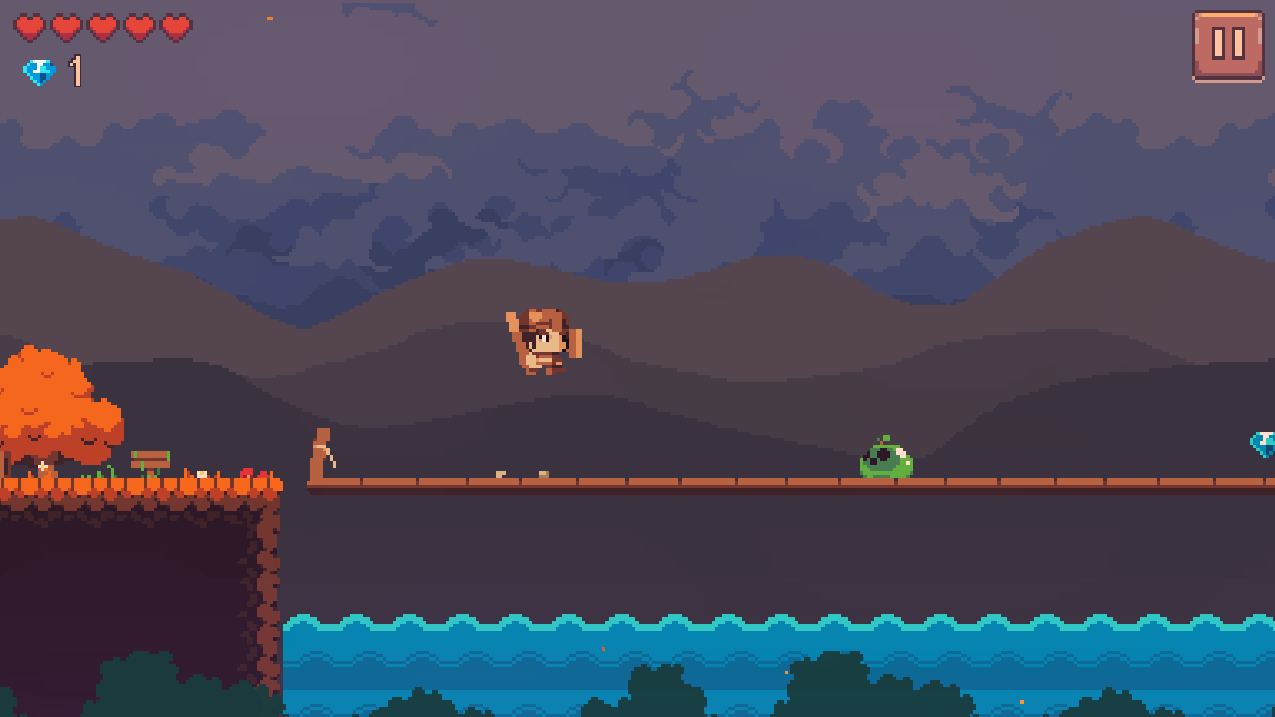 Arin jumping from the rope bridge over the mill creek, and a slime above the water