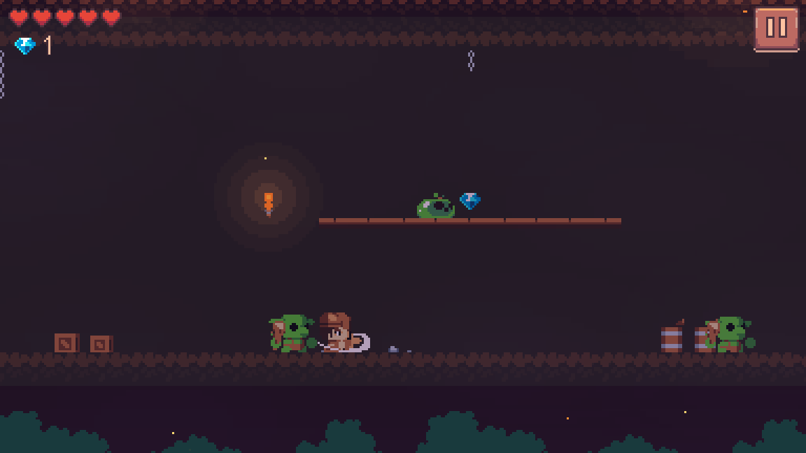 Arin drawing a sword on a goblin in the torchlit cellar, and explosive barrels