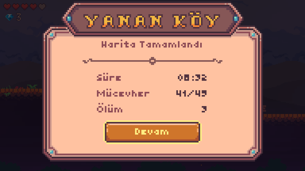Map Complete ("Harita Tamamlandı") card: Burning Village, time 08:32, gems 41/49, deaths 3