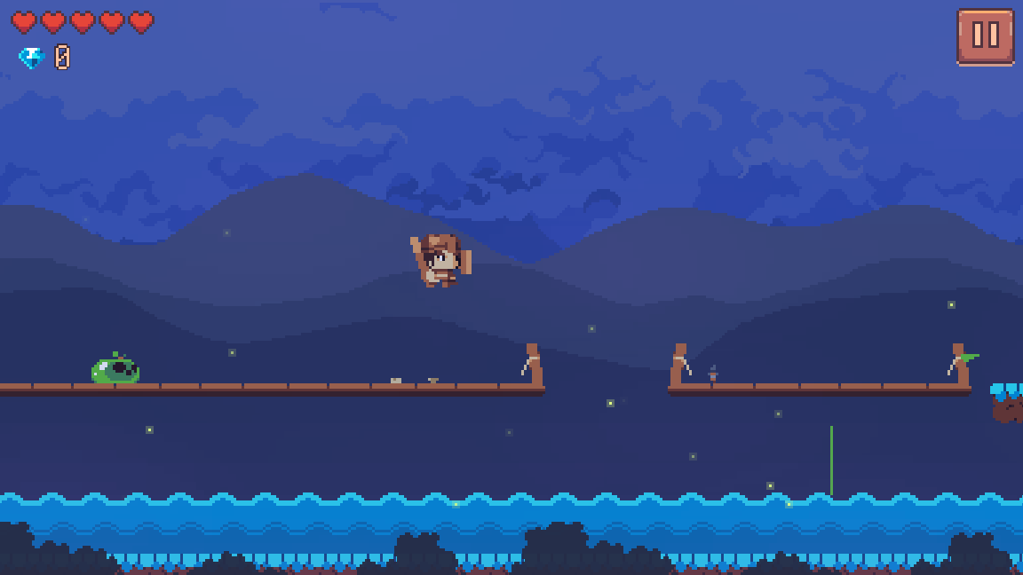 Arin jumping across a gap in the rotten rope bridge over the dark water