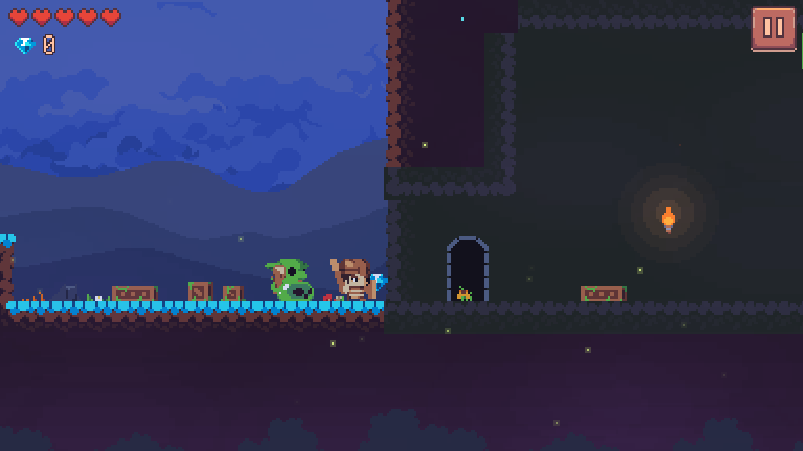 Arin running toward the cave mouth beneath the cliff, and a slime at the entrance