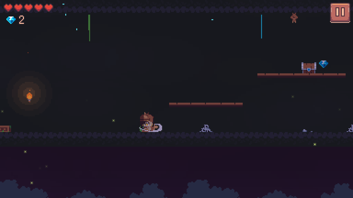 Arin looking at a chest on a root ledge in the dark hollow, and bats on the ceiling