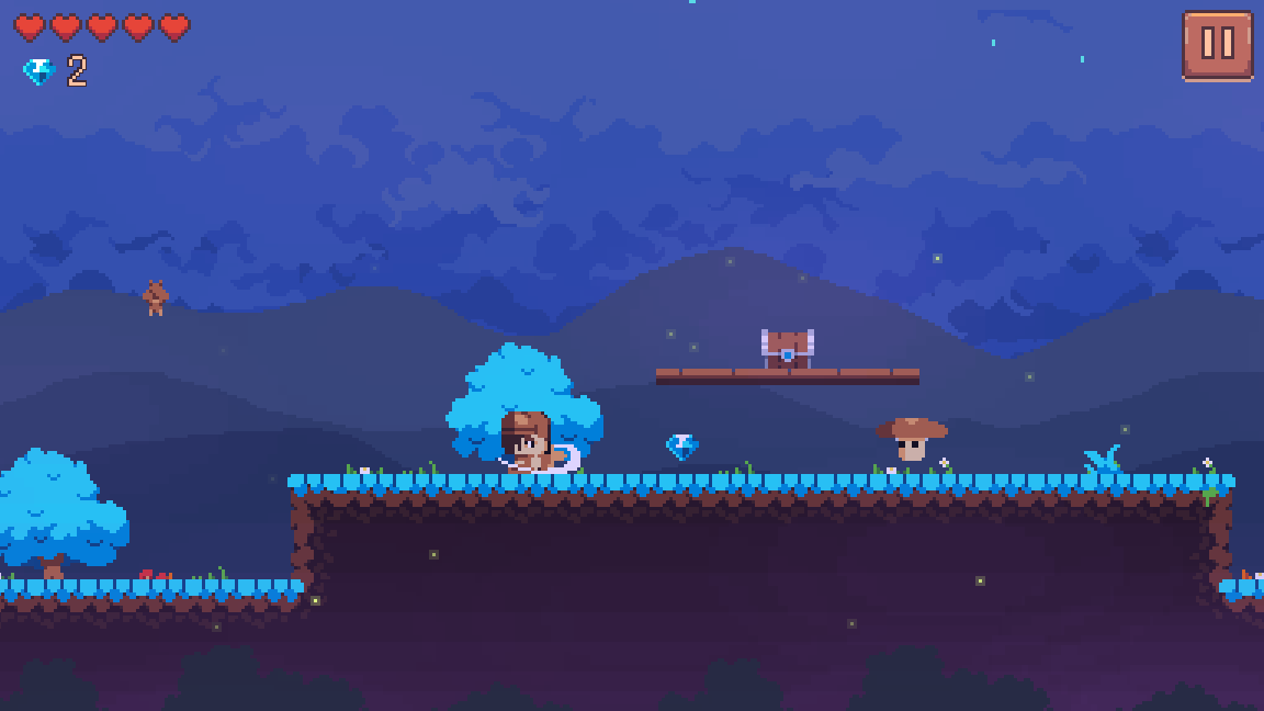 Arin fighting among blue trees, a chest on a wooden ledge, a mushroom, and a bat