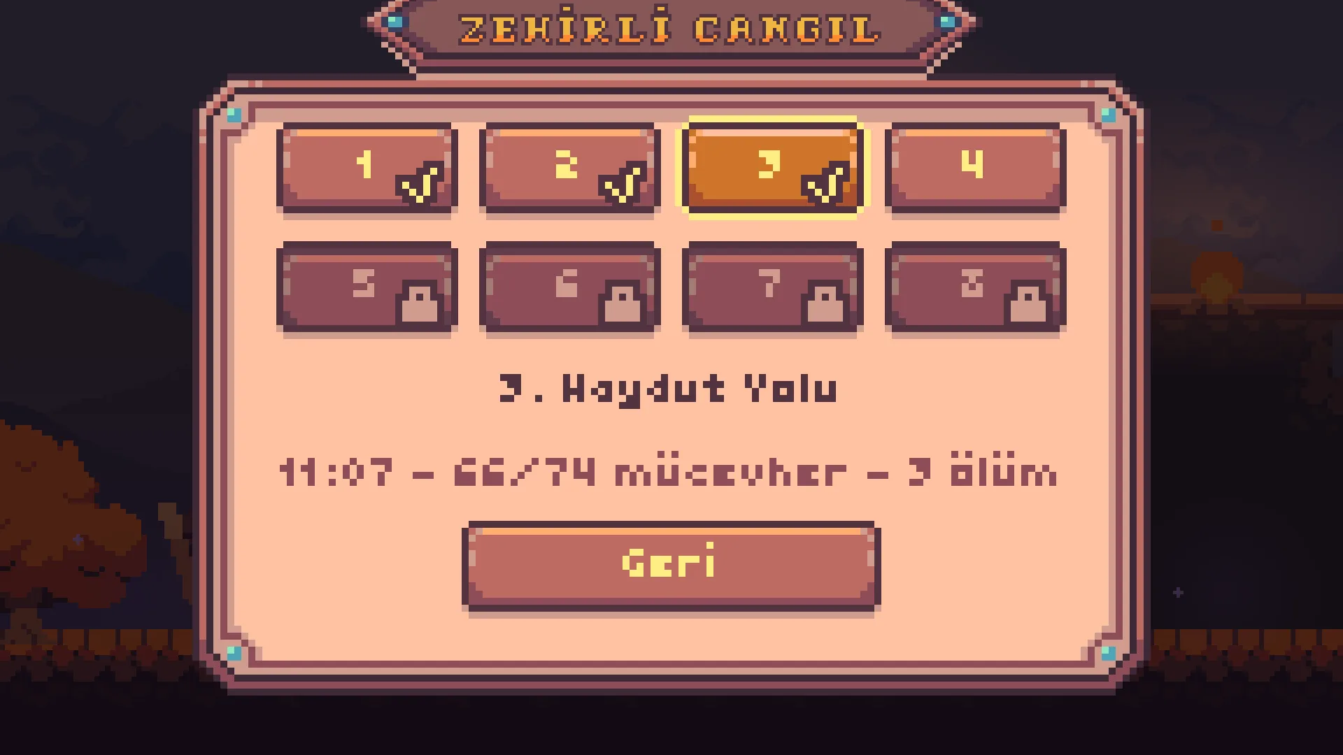 The Poison Jungle in map selection: the first three maps completed, the fourth unlocked, the last four locked; the selected Bandit Road map's time, gems, and death count are shown