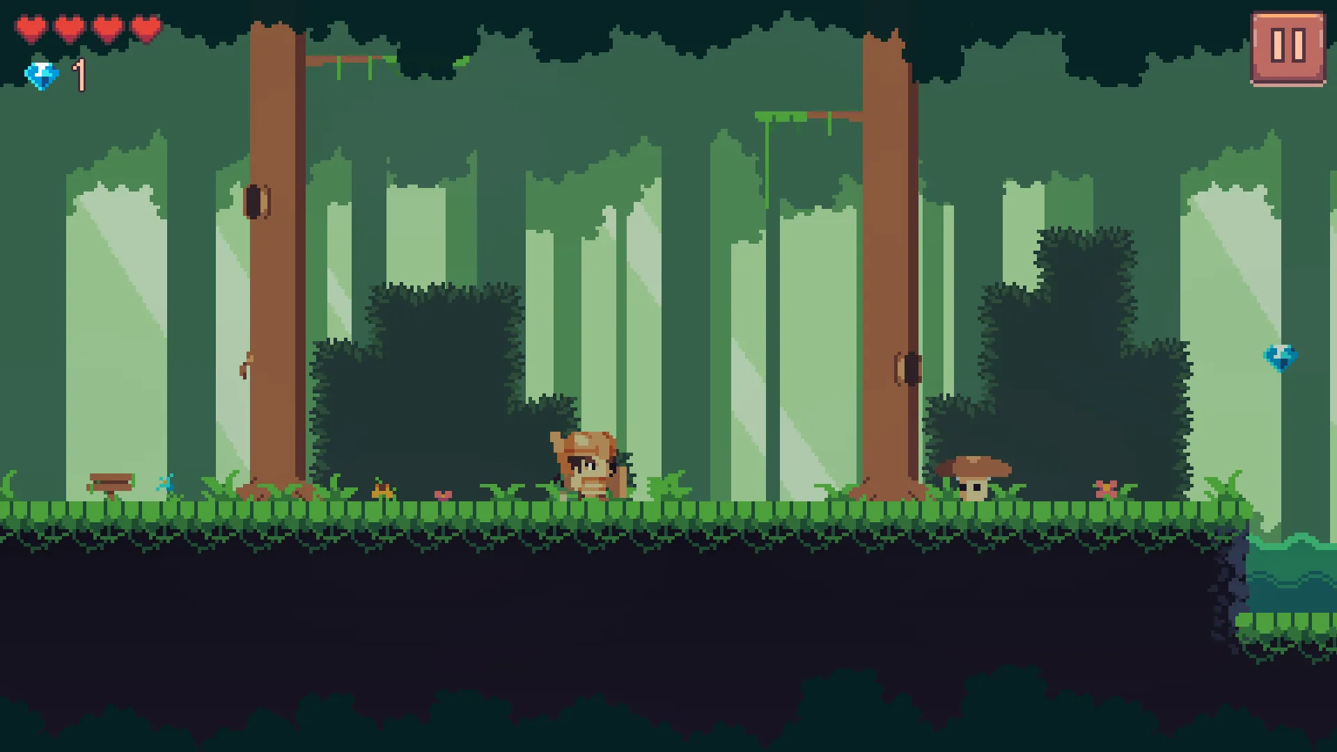 Jungle's Edge: leaves hanging down from the top of the screen, bushes below, dark clumps of leaves behind the path, tufts of grass, flowers, and two jungle trees; Arin in copper gear runs along the path, with a brown mushroom and a turquoise lake ahead