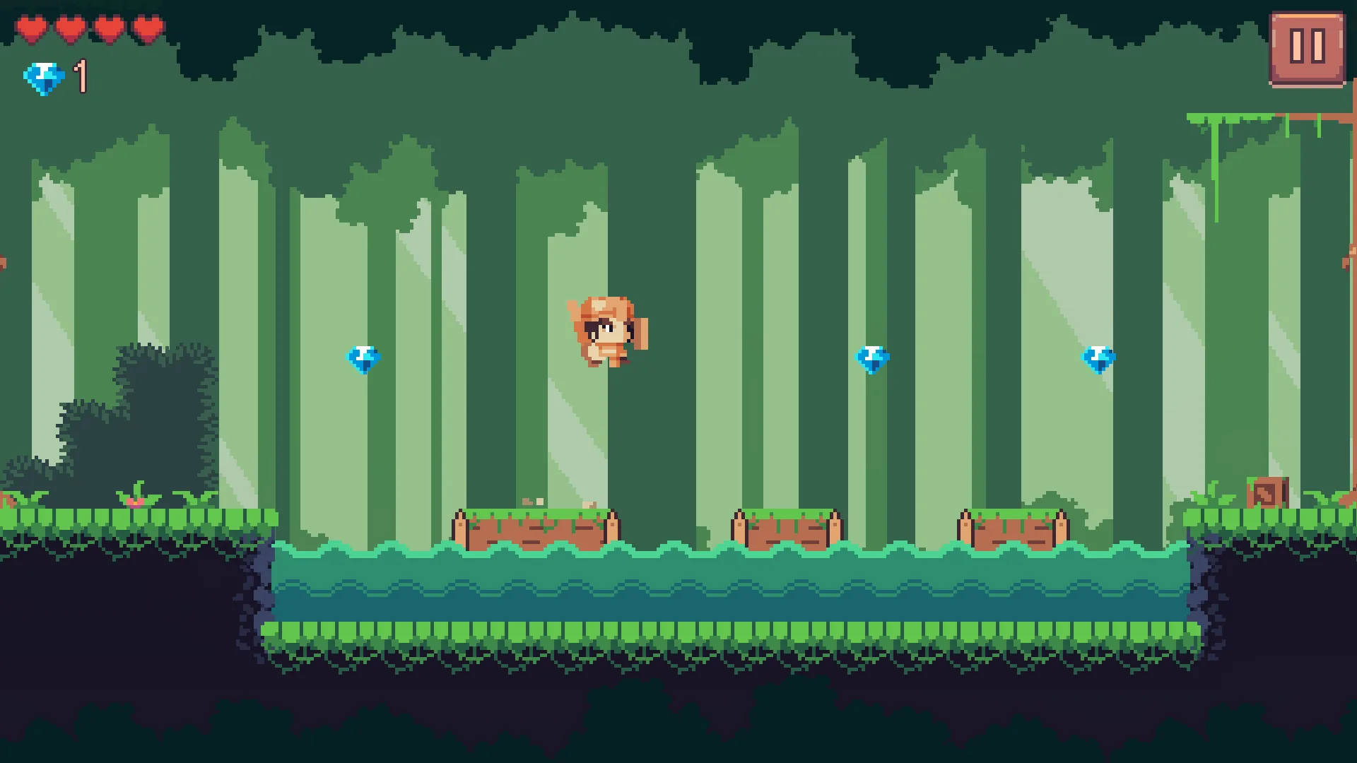 Poison Lakes: three mossy logs floating on turquoise poison water between two grassy banks; Arin jumping across the lake