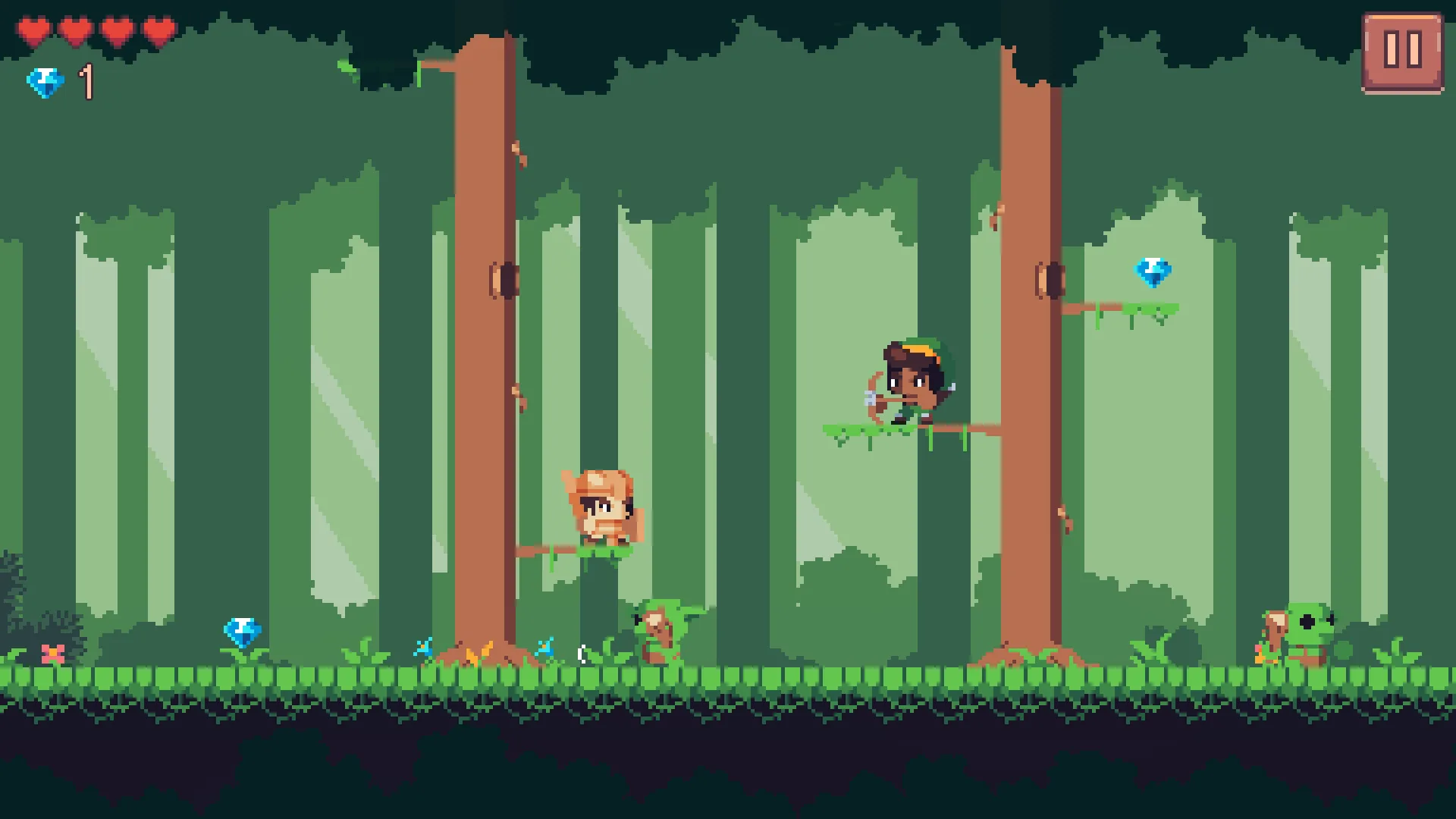 Bandit Road: Arin on a tree's low branch, a green-hooded archer drawing his bow at him from a higher branch of the next tree; two goblins on the road below