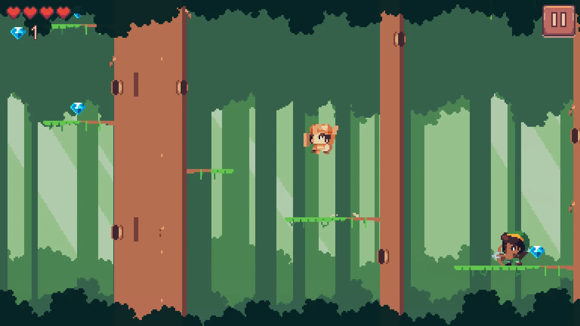 The Giant Tree: Arin jumping between branches high up beside the broad giant trunk made of three trunks; an archer perched on a branch at the bottom right