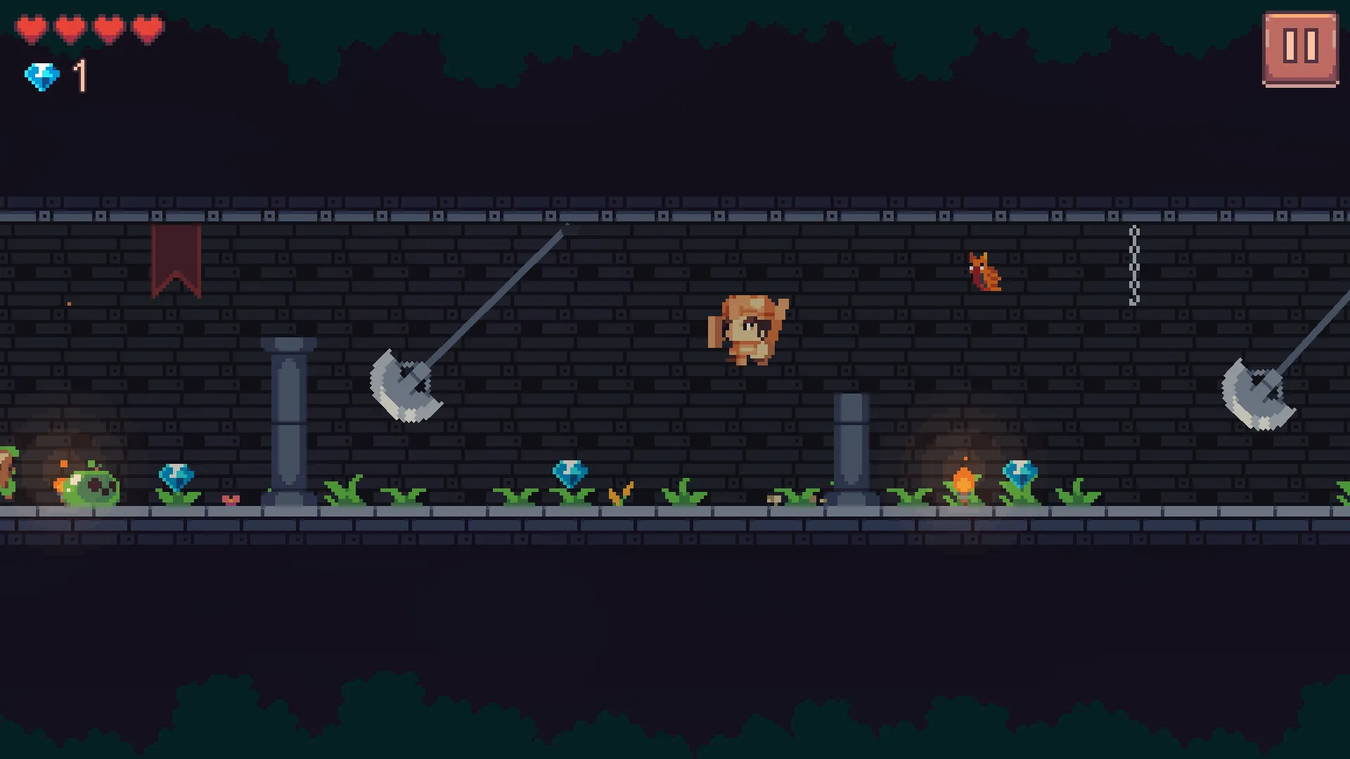 The Mossy Temple: in a brick hall with stone columns, torches, and red banners, Arin jumps between two swinging pendulum axes