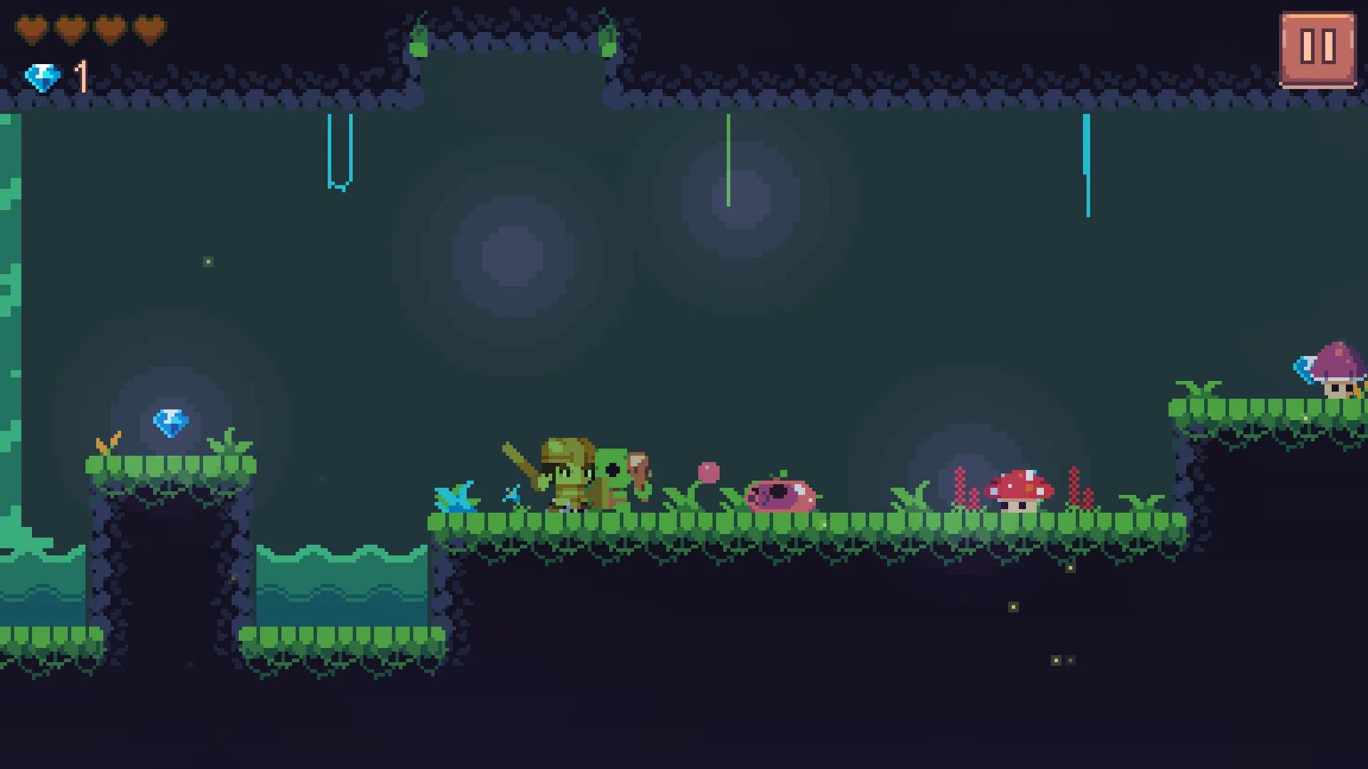 The Spore Pit: spores drifting through the air in an underground cave; Arin, poisoned and turned green, fights a goblin, with a pink slime beside him, a red mushroom behind him, and a purple mushroom on the ledge to the right