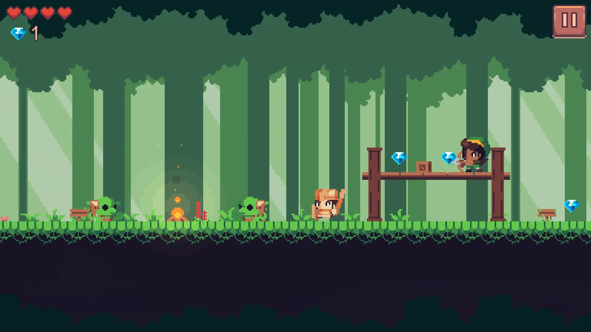 The Bandit Camp: two goblins sitting on either side of the campfire, a lookout platform on wooden stilts next to it and an archer holding his bow on the platform; Arin in the middle of the camp