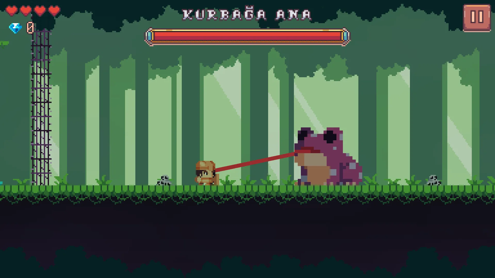 The Mother Frog fight: the boss bar across the top of the screen; the giant purple frog flicks its long tongue at Arin, the thorn gate on the left