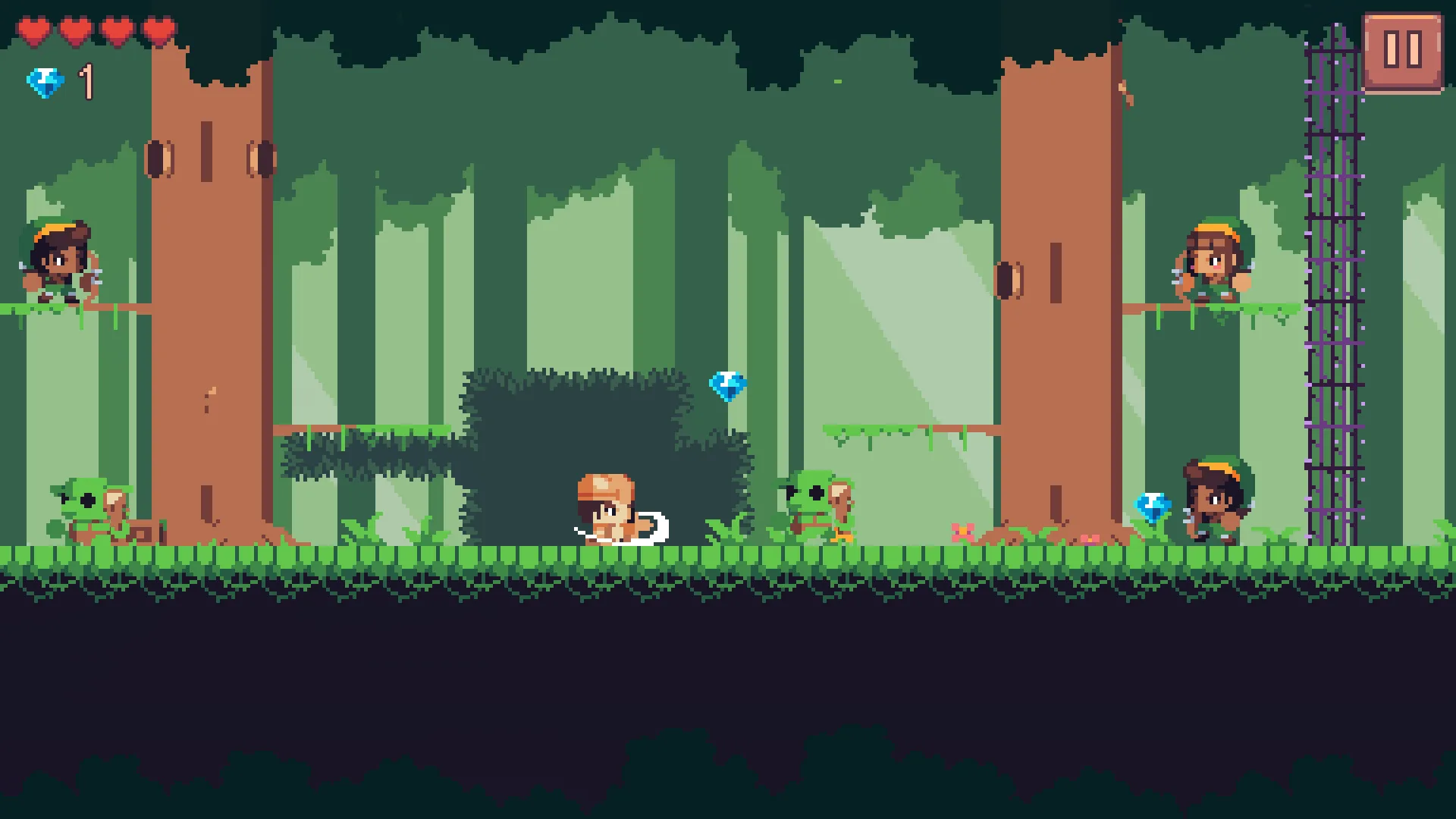 An ambush arena in the jungle: an archer on the upper branch of each of two thick trees, Arin swinging his sword on the ground between two goblins and an archer, the closed thorn gate on the right