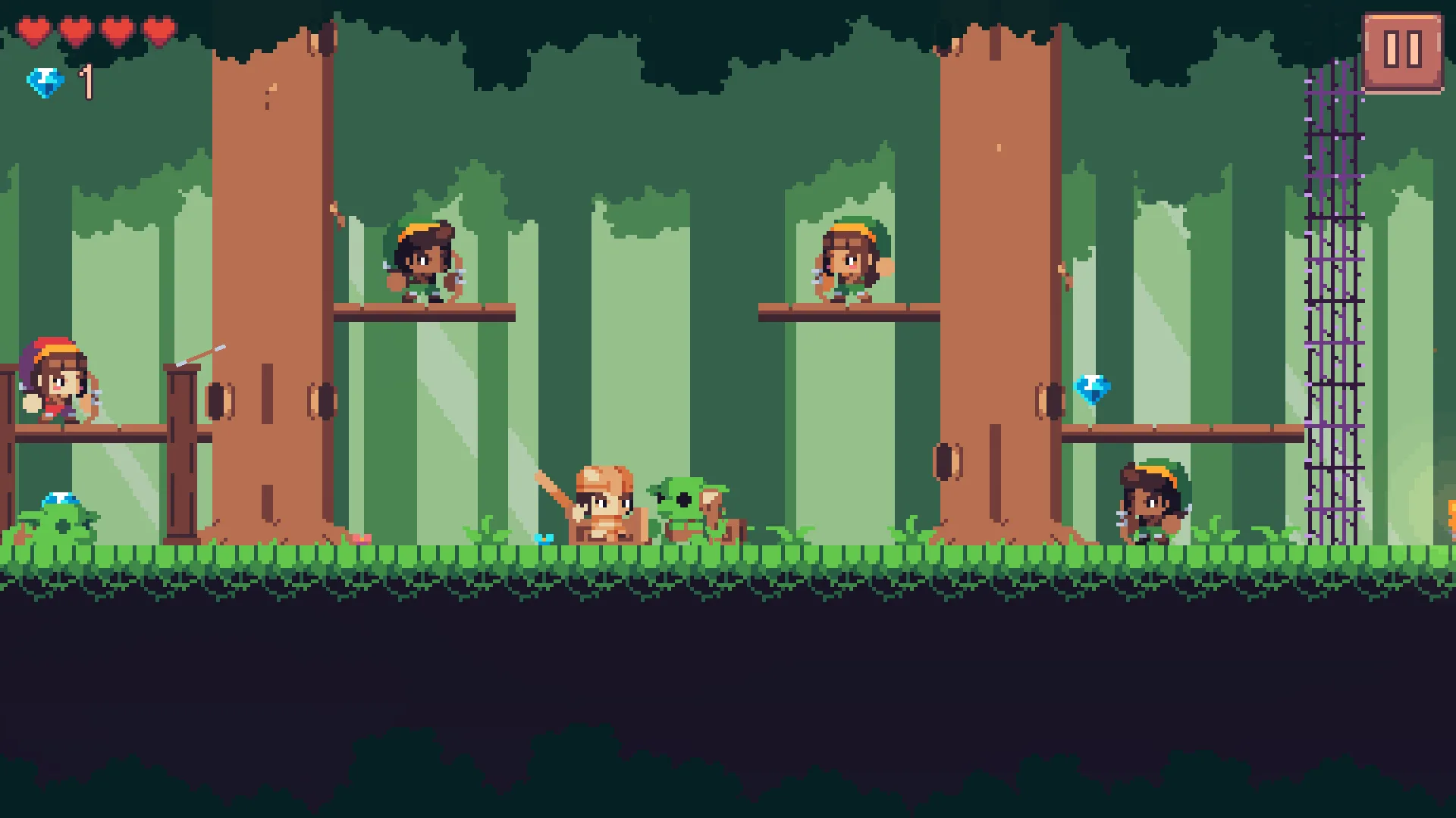 Delia in an ambush: red-hooded Delia shooting from the wooden ledge on the left at an archer on a perch, Arin fighting a goblin below, the closed thorn gate on the right