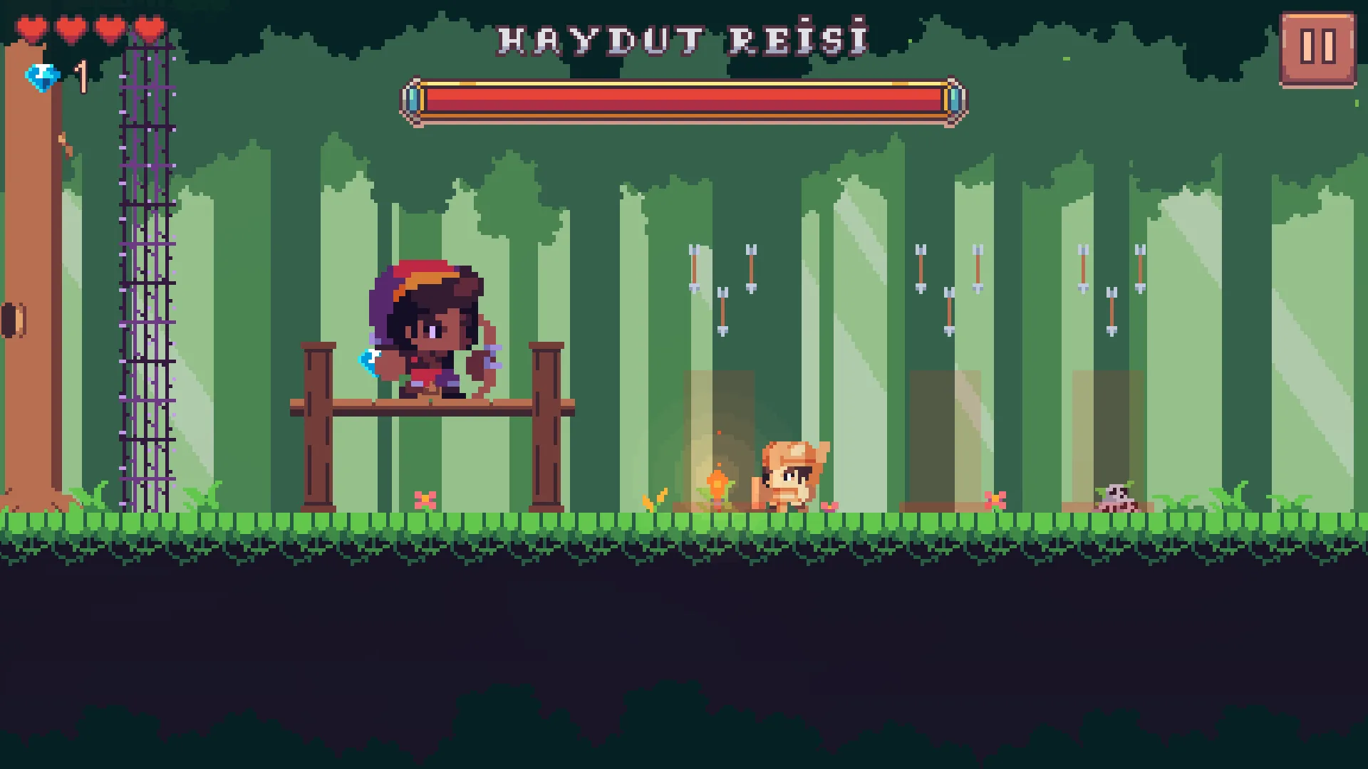 The Bandit Chief fight: the boss bar across the top of the screen; the chief stands on a side ledge, arrows raining down on three marked spots on the ground, Arin outside the marks