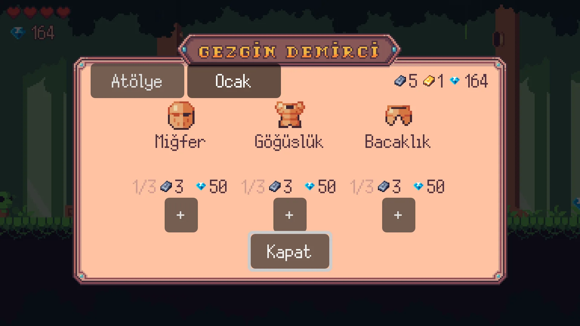 The Forge page at Faber's stall: the copper helmet, chest armor, and leg armor are each forged up to iron for 3 iron ingots and 50 gems
