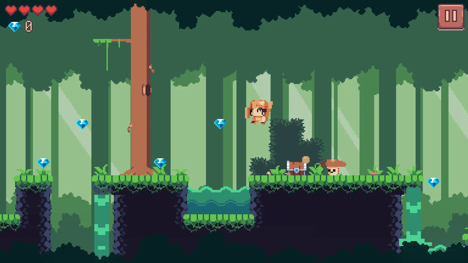 Waterfall Stairs: Arin jumping over the small lake between two waterfalls, gems in the air, a chest and a mushroom on the right
