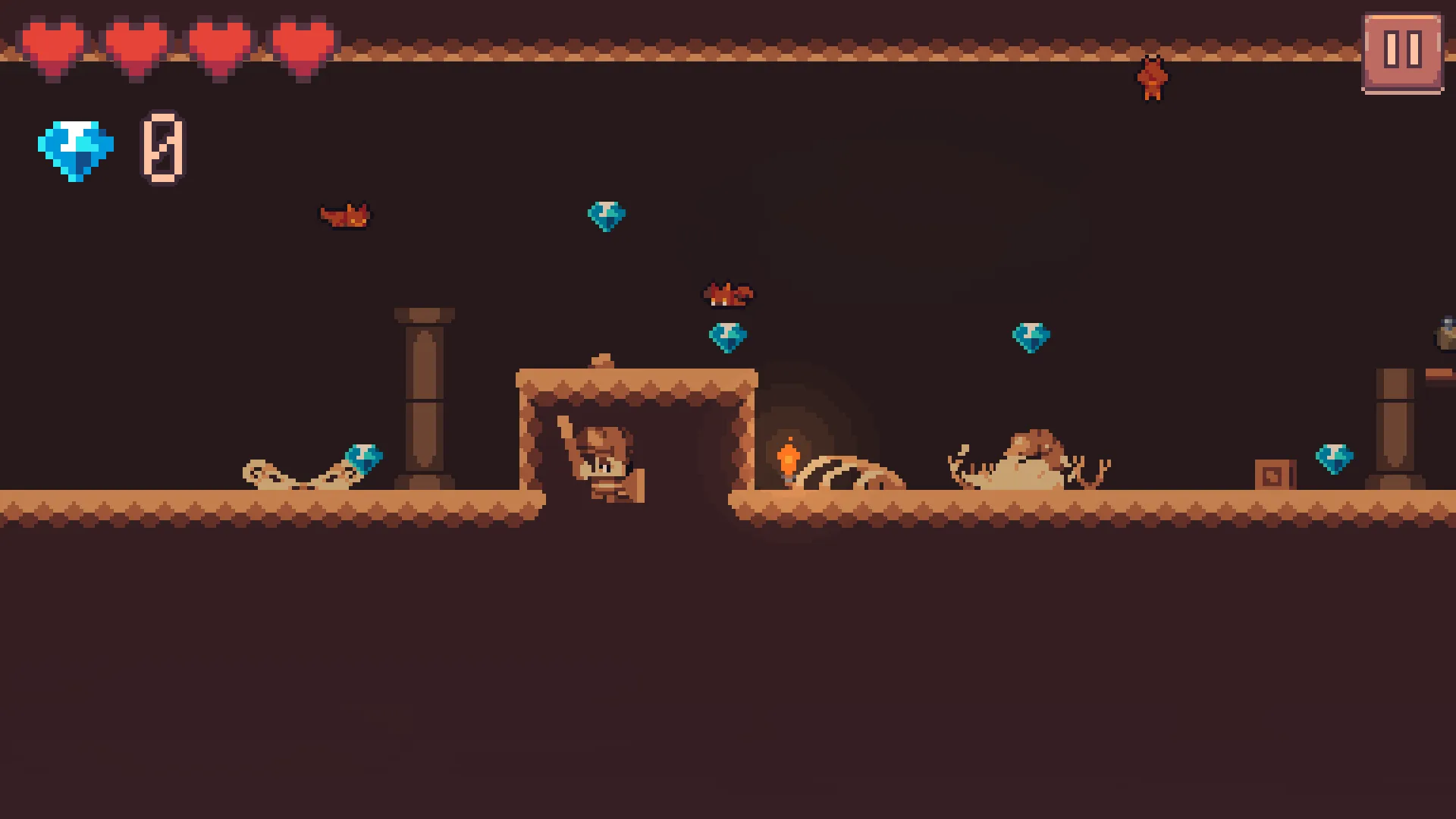 A cave inside the red canyon: ember bats hanging from the ceiling, metal and sand scorpions on the ground, the smith Faber's rock shelf on the right, diamond gems everywhere
