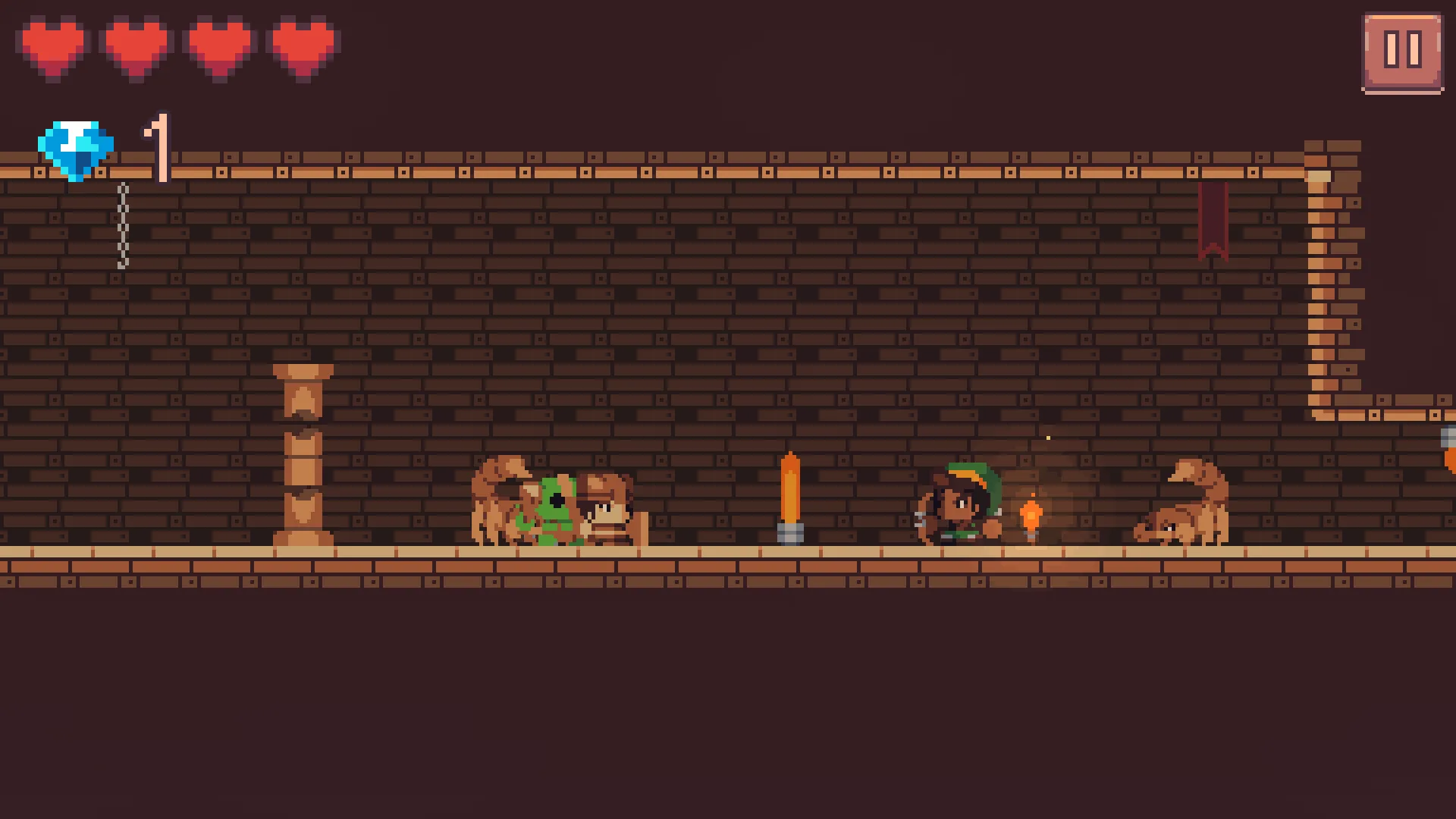 A yellow stone palace hall buried under the sand: a carved column, a torch on the wall, goblins and sand scorpions on the floor, a flamethrower hanging from the ceiling