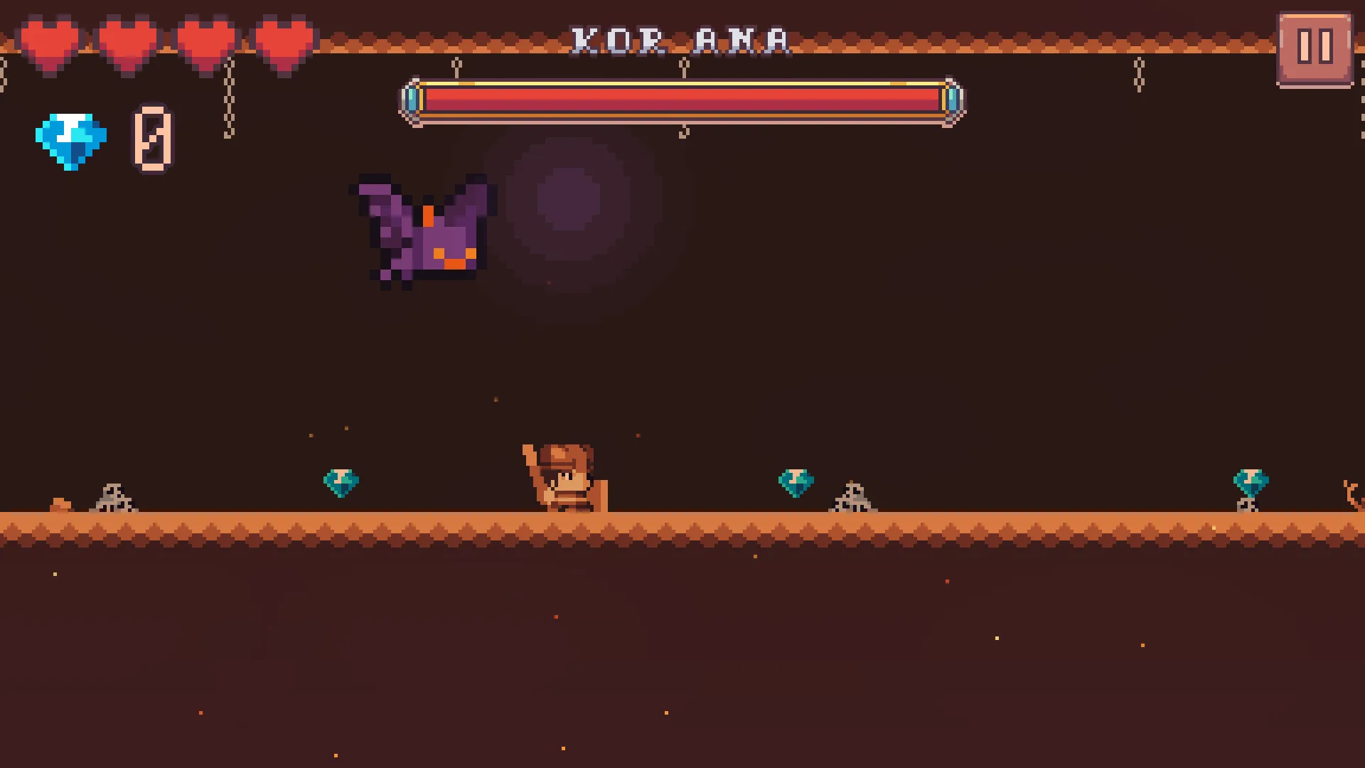 The nest in the Ember Foundry: the giant purple bat Mother Ember above, below it the boss health bar reading "MOTHER EMBER", young and diamonds on the ground