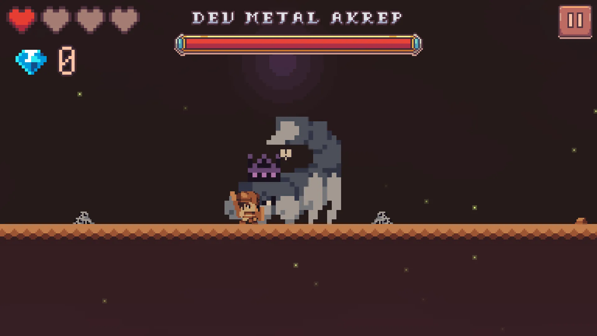 The Scorpion's Den: the crowned giant metal scorpion facing Arin, the "GIANT METAL SCORPION" health bar above, shell fragments on the ground