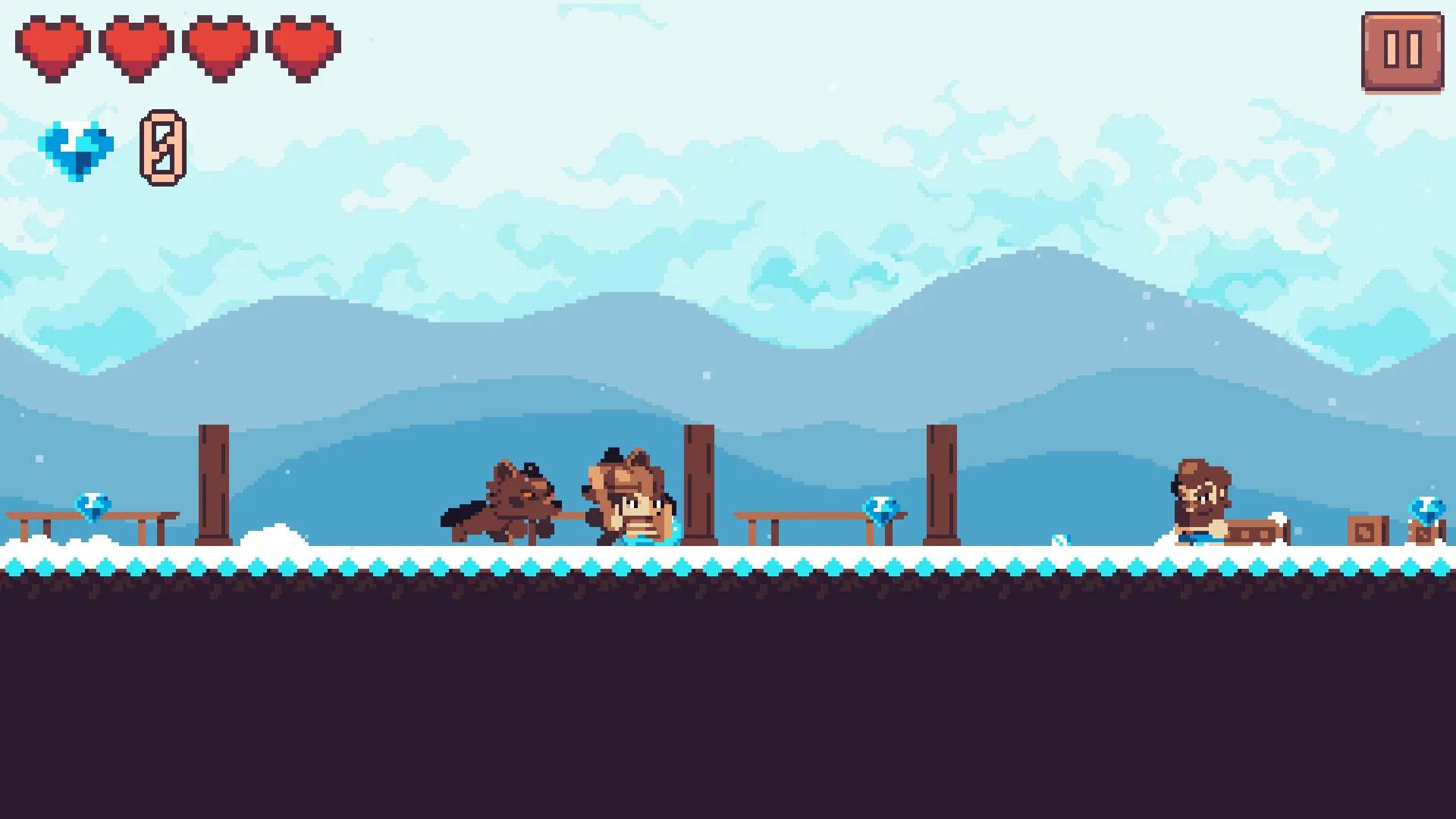 Two wolves on the snowy road: one has leapt onto Arin, on the right stands a villager who hasn't transformed yet; blue mountains behind