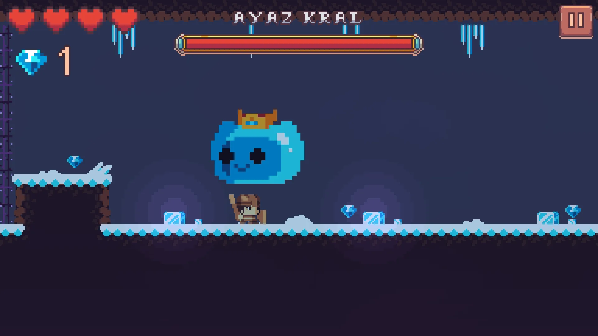 An ice cave: a crowned blue slime king in the air, a "FROST KING" health bar above him, icicles hanging from the ceiling