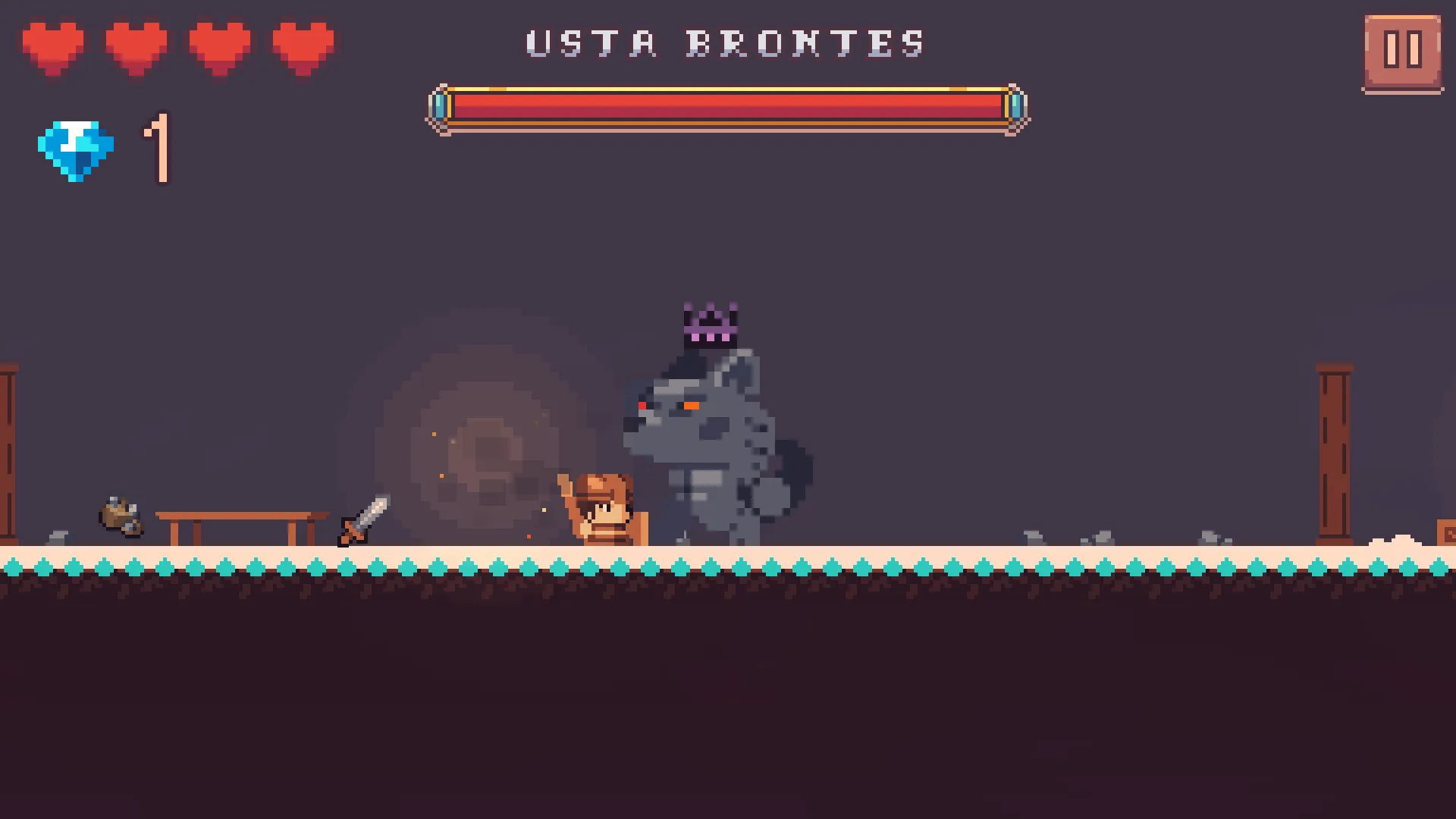 A snowy cave hall: a big grey wolf standing across from Arin, a "MASTER BRONTES" health bar above him, a smith's workbench and a sword on the left