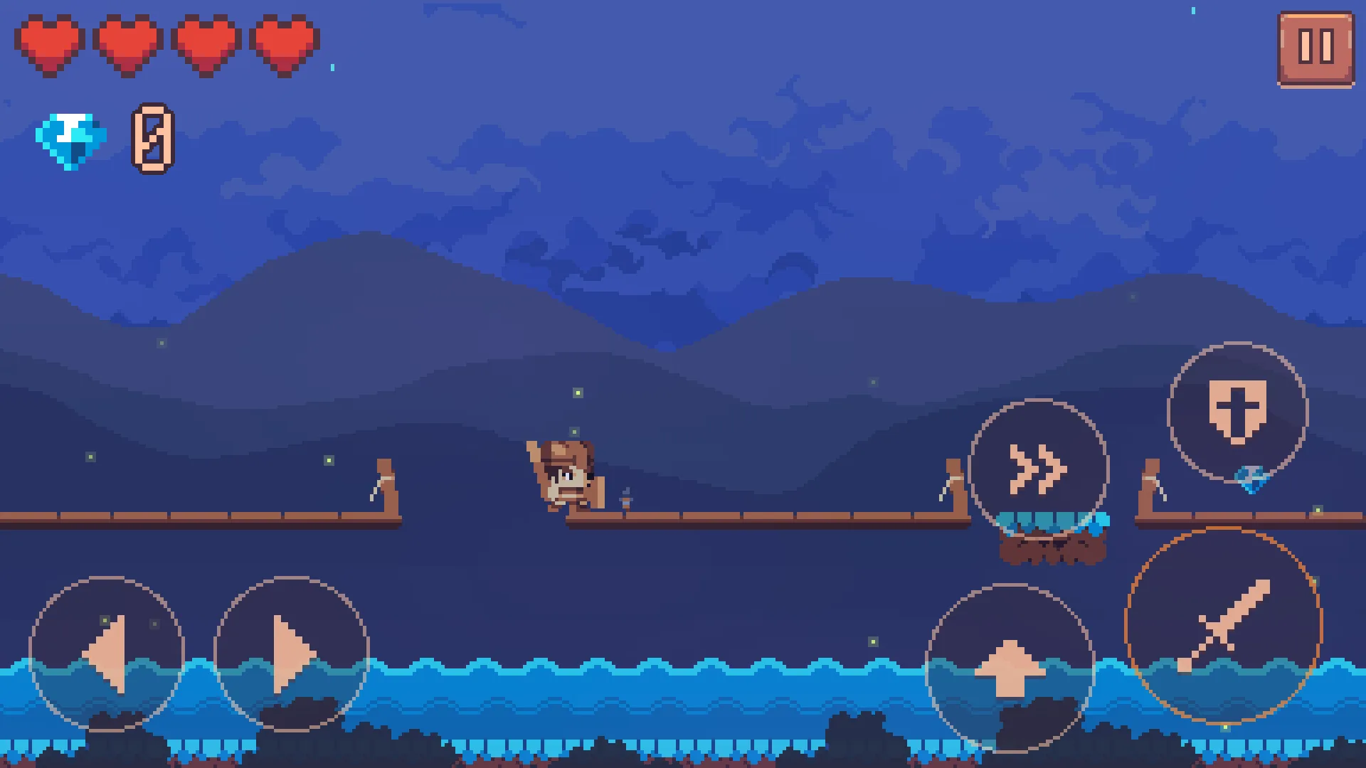 A rope bridge crossing in the forest, touch controls along the bottom of the screen: two direction arrows on the left, dash, shield, jump and sword discs on the right