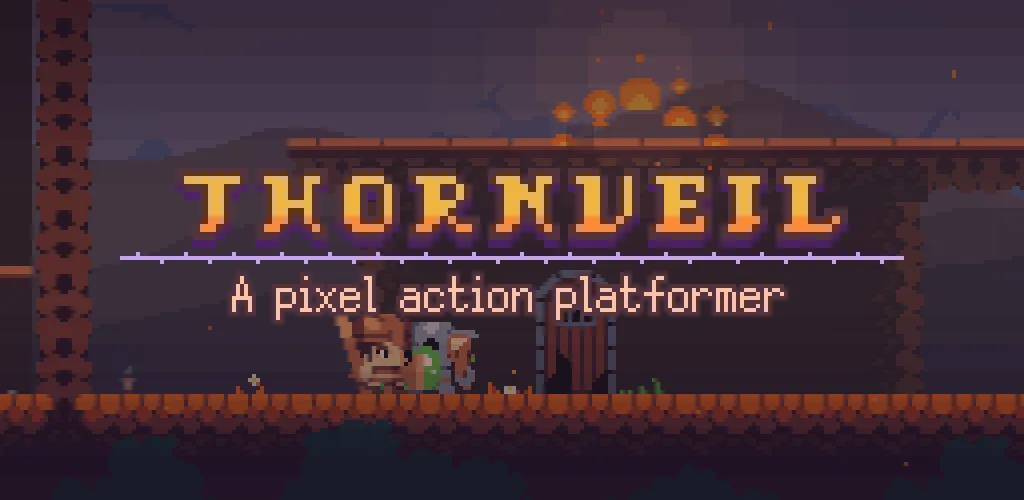 Thornveil's store feature graphic: the THORNVEIL logo above the burning village, with "A pixel action platformer" written below it